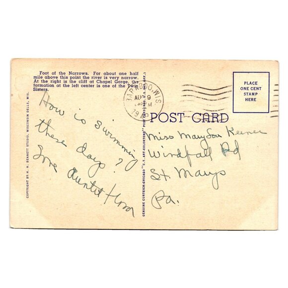 Foot Of The Narrows Postcard Dells Wisconsin River Vintage H H Bennett Studio - Picture 2 of 2